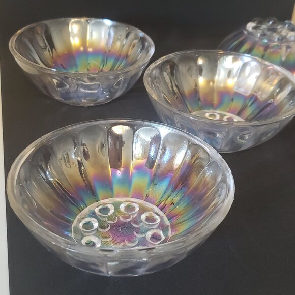 Vintage Iridescent Bubble-Foot Glass Bowls Set of 5 (4.25”) Clear Rainbow Finish - Picture 2 of 16